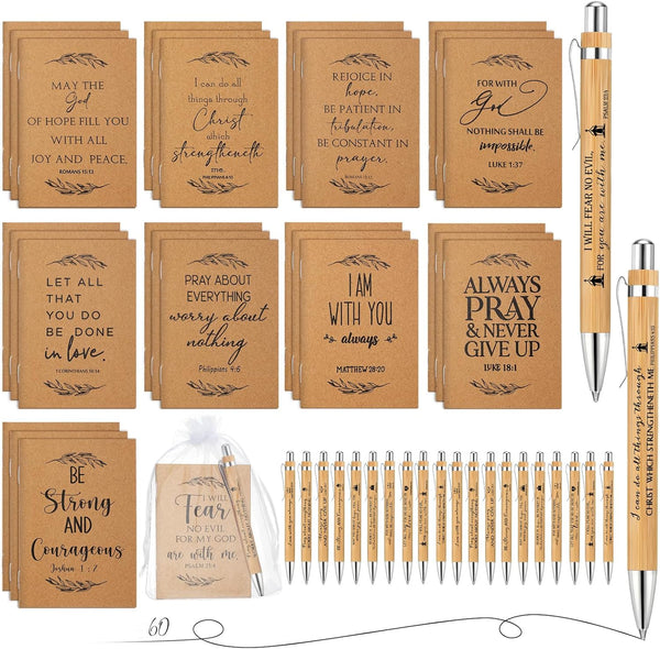 Jutom Set of 60 Christian Gift Bible Verse Retractable Bamboo Pens and Kraft Notebooks, Inspirational Notebooks