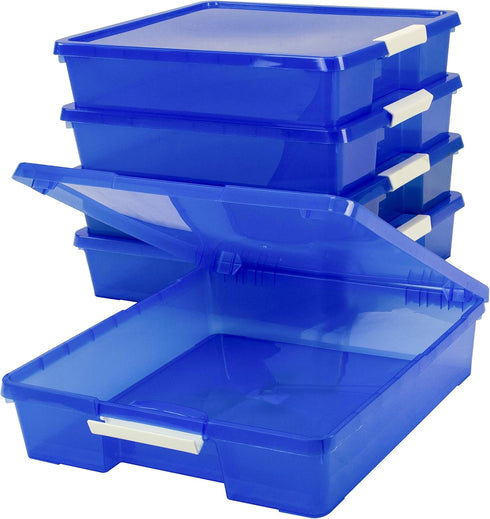 Storex Classroom Craft Project Box – Stacking Plastic Organizer, Fits 12x12 Scrapbooking Paper, Blue, 5-Pack