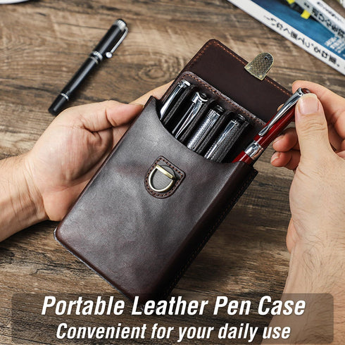 Top Grain Genuine Leather 5 Slot Pen/Pencil Tray Case Organizer, Handmade Vintage Design, Glossy Coffee