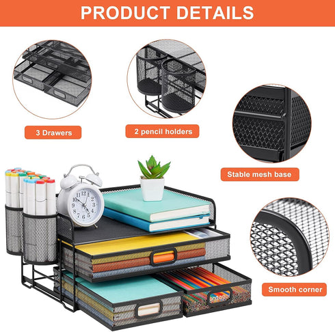 Marbrasse 3 Tier Mesh Desk Organizer - Black Multi-Functional Organizer with Drawer, Paper Letter Organizer & 2 Pen