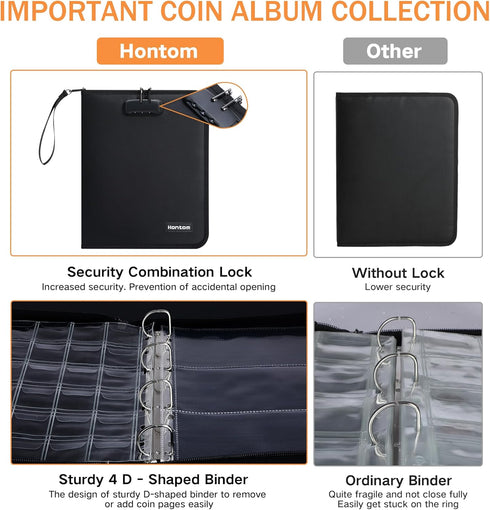 Hontom Album 400 36 Coin Collection for Collectors with Lock, Pockets Fireproof Coin Holder Book & Paper Currency