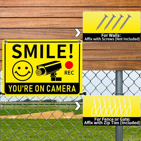 2 Pack 10"x7" Smile You're on Camera Signs Video Surveillance Signs Outdoor, Rust-Free Aluminum Warning Sign, UV