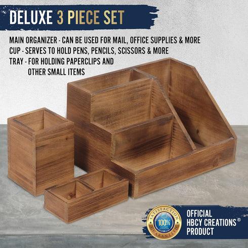 HBCY Creations 3 PIECE Rustic Wooden Desk Organizer Set, Rustic Mail Organizer for Desktop, Great for Rustic or