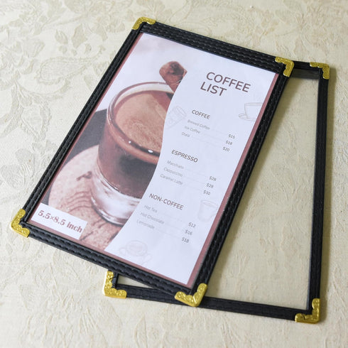 25 Pack 5.5 8.5 inch 2-View Menu Covers x - Black Vinyl Menu Holders | Waterproof Clear Sleeves Top-Loading