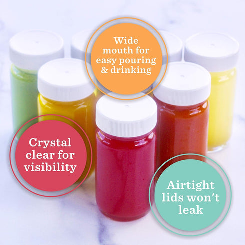 2 oz, (16 pack) Juice Shot Bottles with Caps - Wide Mouth for Juicing, Beverage Storage, Liquids, Clear Small Glass
