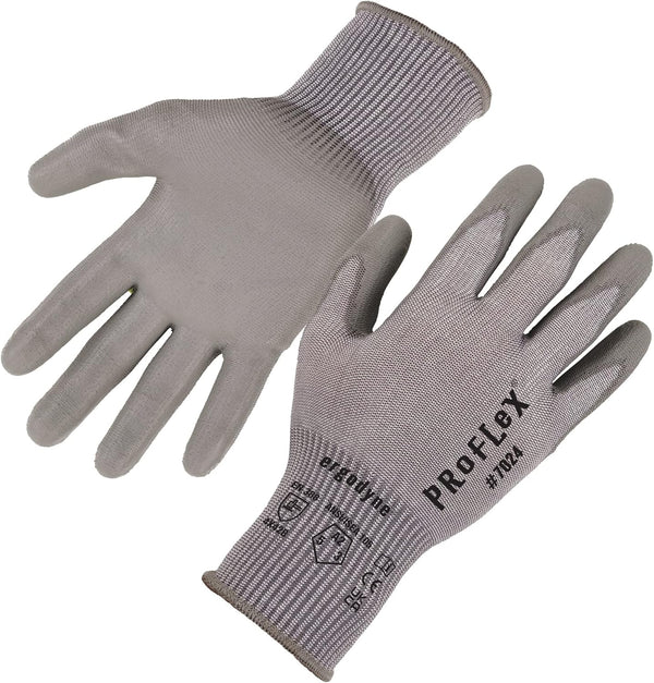 Ergodyne ProFlex 7024 Cut Resistant Work Gloves, ANSI A2, PU Coated Palms for Flexible No Slip Grip, Gray, Medium