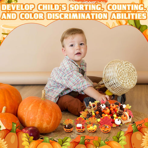 WinnerWhy 320 Pcs Fine Motor Toys Fall Thanksgiving Decorations, Sensory Bin Filler, Pumpkin Bowls, Woven Baskets