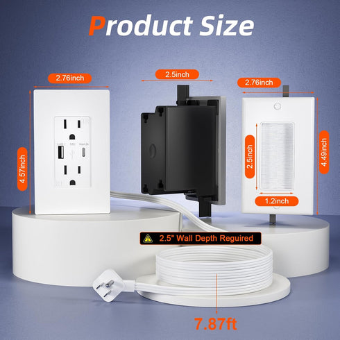 CIRKULYX Kit,2 Outlets,7.8ft Outlet Relocation Kit,in Wall Cable Management AC+USB-A+USB-C,Power Relocation Kit