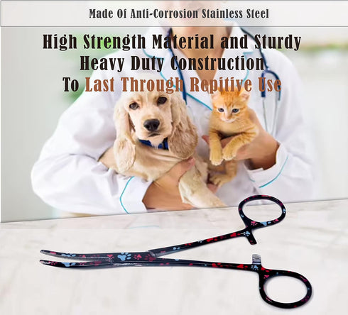 Dog Pet Ear/Nose Hair Puller Grooming Hemostat Locking Forceps, 5.5" Stainless Steel Curved Pliers (Black Multi Paws)