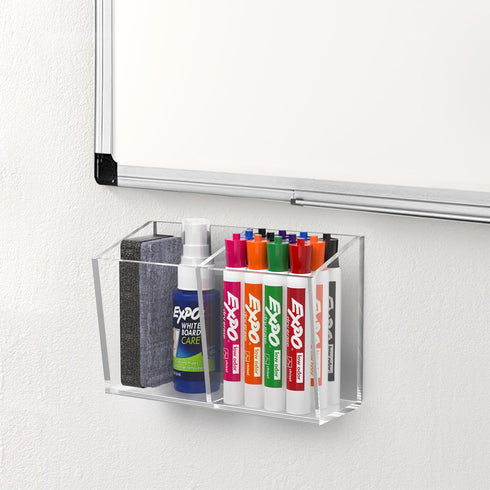 HBlife Acrylic Magnetic Dry Erase Marker Holder, 2 Compartments, Storage Organizer Cup for Fridge, Locker