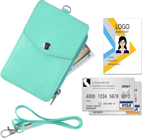 Teskyer Badge Holder with Side Zip Pocket, Leather ID Holder Wallet with Neck Lanyard for Office Staffs
