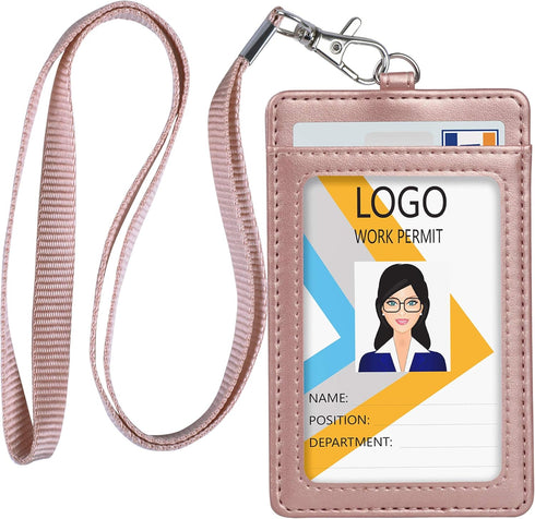 Teskyer Leather ID Badge Holder for Work School IDs, Cruise Ship Cards, Hotel Key Cards - Rose Gold Lanyards