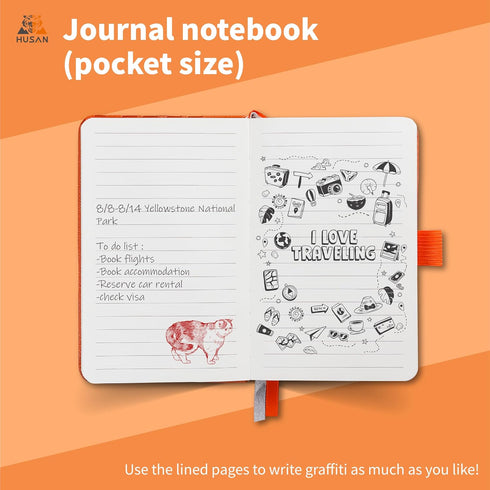 HUSAN Journal Notebook Pocket Size - for Women Men, Leather Hardcover Thick Paper, Lined Grid Blank Page 128 Pages, 3.5" x 5.5", Burnt Orange
