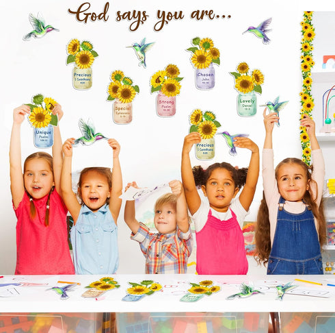 Christian Bulletin Board Decorations Sunflower Theme Inspirational Sets with Hummingbird Flower Jar Cutouts