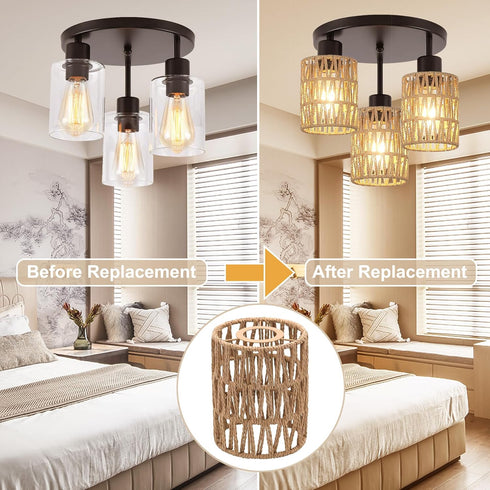 4-Pack Shades,5.9" 4.7" 3-Tier 1.62in Boho Rattan Lamp H x D Woven Small Shade Replacement Fitter Farmhouse Pendant