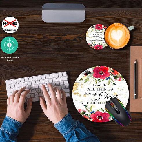 Round Mouse Pad and Coasters Set | Philippians 4-13 Scripture Inspirational Red Watercolor Flowers Mousepad