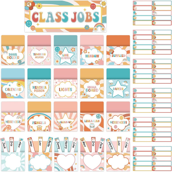 ZOiiWA 81pcs Hippie Themed Classroom Jobs Bulletin Board Set, Groovy Pocket Chart, Teacher's Helper Decor