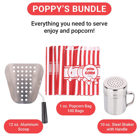 Poppy's Ultimate Popcorn Machine Supplies Bundle - Kernel Sifting Speed Scoop, Seasoning Dredge, 1-Ounce Bags (100