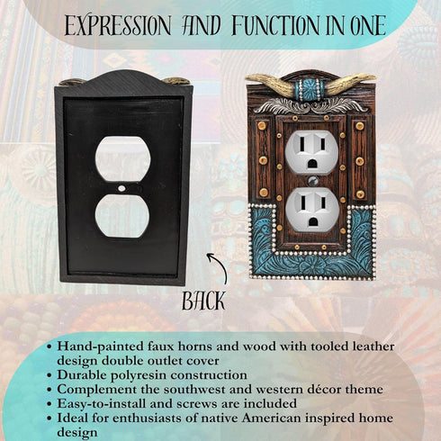 BestGiftEver American Western Home Decor Outlet Cover, Faux Horns and Tooled Leather-inspired Double Plate