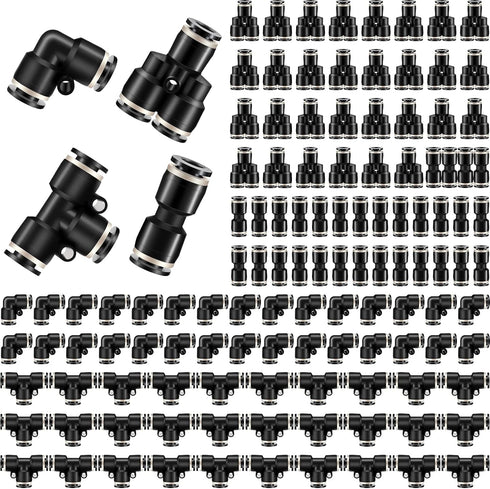 Push to Connect Fittings Kit, 120 Pcs Quick Release Pneumatic Connectors for Air Line Fittings, Black, 1/4 Inch OD