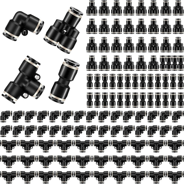 Push to Connect Fittings Kit, 120 Pcs Quick Release Pneumatic Connectors for Air Line Fittings, Black, 1/4 Inch OD