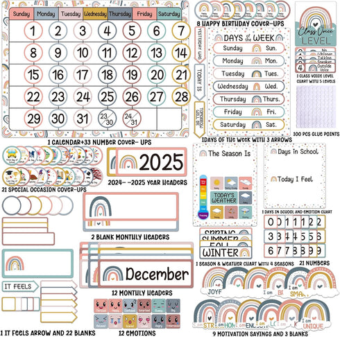 Boho Rainbow Calendar Bulletin Board Set with Seasons, Festival, Weather for Classroom Decoration