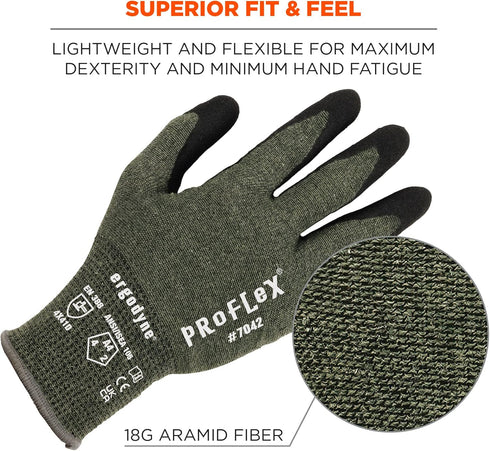 Ergodyne ProFlex 7042 Cut Resistant Work Gloves, ANSI A4, Green, Contact Heat Resistant Sandy Nitrile Coated Palms