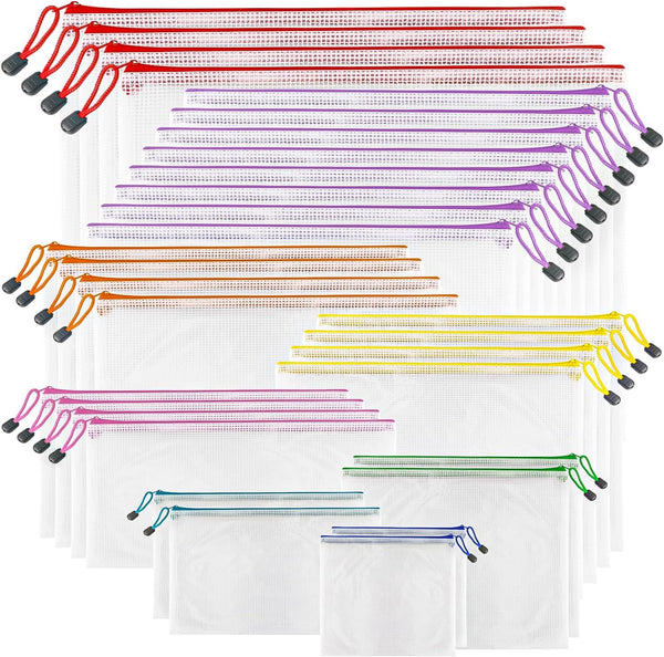 Mesh Zipper Pouch Bags, 32 Pcs Assorted Color Waterproof Zipper Pouches for Organizing, Office Supplies