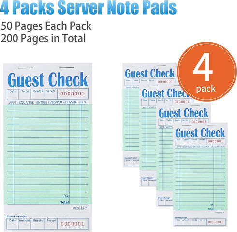 4 Pack 50 Sheets/Pack, 200 ZPARIK Green Guest Checks Books for Servers Server Note Pads, Waiter Checkbook, Waitress