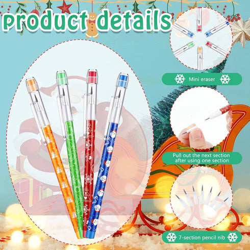 Christmas Stackable Pencils Bulk with Eraser, Translucent Multi Point Push Pencils Set (120 Pcs)