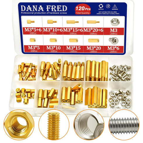 M3 Hex Male Female Brass Spacers Standoffs Screws Nuts Assortment Kit, 120 Pcs for PCB, Circuit Board Mounting