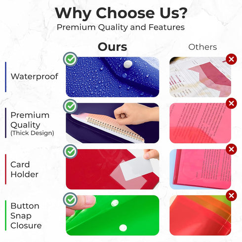 Plastic Envelopes, 12 Pack Document Folders, A4 Size, Snap Closure, Reusable Plastic File Folder, Poly Envelopes