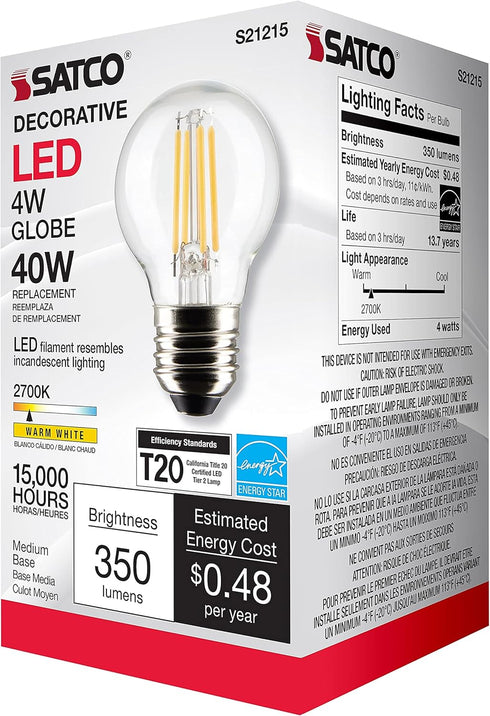 Satco 4-Watt LED E26 Light Bulb, 2700K, Dimmable, 15000 Hour Rating