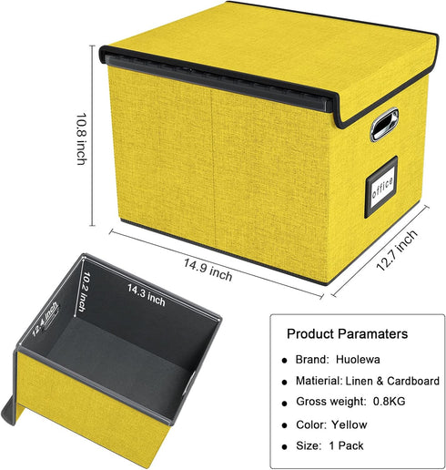 Huolewa Collapsible File Storage Organizer Box with Lid, Yellow Linen Document Storage for Letter/Legal Folders