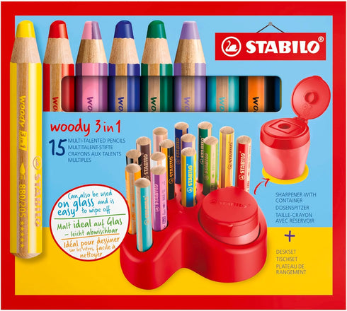 STABILO Multi-Talented Pencil Woody 3 in 1, Deskset of 15, 10 x Woody, 2 x Woody Pastel, 3 x Woody Duo