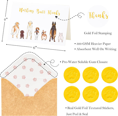 50 Count Crisky Dog Thank You Cards Nothing Butt Thanks Gold Foil Funny Thank You Cards with Envelopes & Stickers
