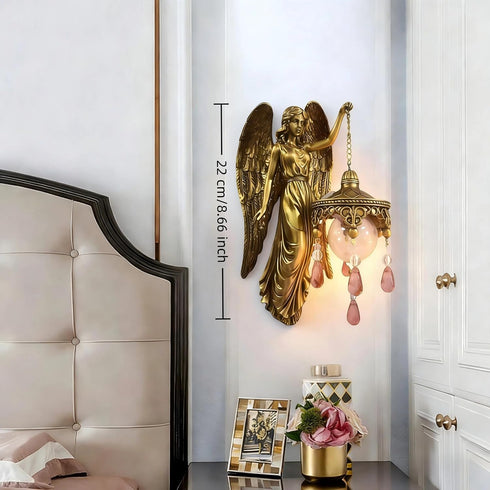 Angel Wall Lamp, Vintage Holy Guardian Night Light with Frosted Crystal & Wings, Battery Operated Wall Sconce