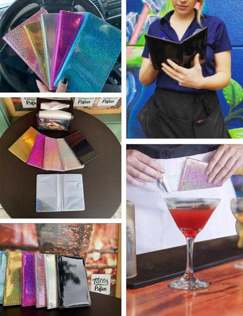 Mymazn Holographic Glitter Waitress Book Organizer for Server Wallet, Guest Check Book Serving, Glitter Blue