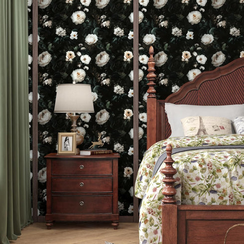 Black Floral Wallpaper Peel and Stick Vinyl for Cabinets, Waterproof Self-Adhesive Contact Paper for Kitchen Countertop