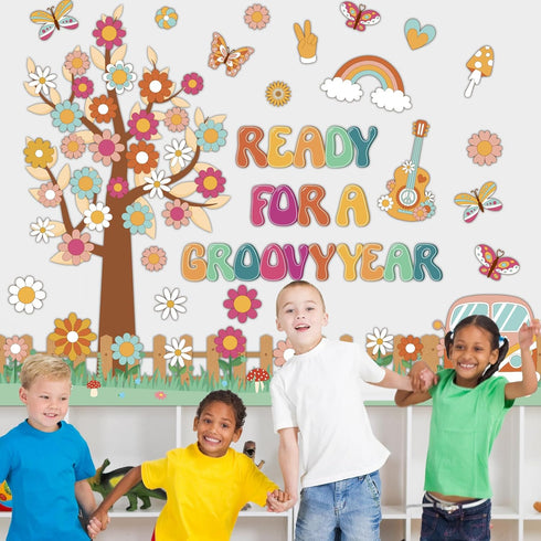 gisgfim Retro Boho Tree Bulletin Board Set, Groovy Classroom Decorations with Daisy Cutouts for Teachers