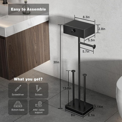 7 VOLDRA Toilet Paper Holder Stand with Shelf, Free Standing Black Toilet Paper Roll Holder with Wipes Storage Drawer