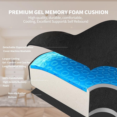 Tailbone Cooling Gel Seat Cushion for Long Sitting - Memory Foam Chair Pillow for Sciatica Pain Relief - Orthopedic Gel