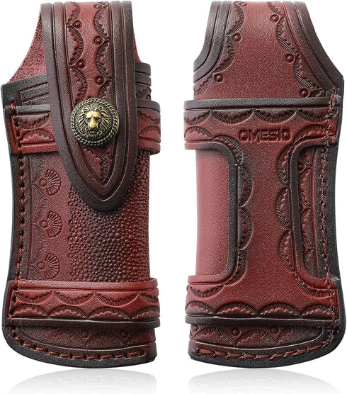 Omesio Pocket Knife Sheath Big (L) - 5.28" Leather Knife Sheath for Belt, Horizontal Carry, Brown Leather for Folding