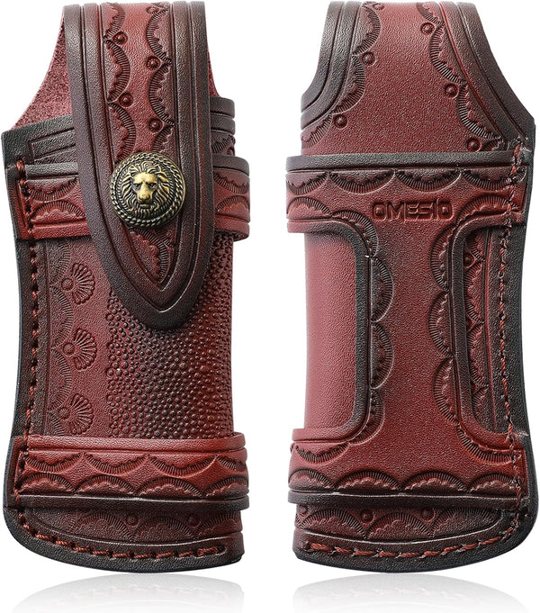 Omesio Pocket Knife Sheath Big (L) - 5.28" Leather Knife Sheath for Belt, Horizontal Carry, Brown Leather for Folding