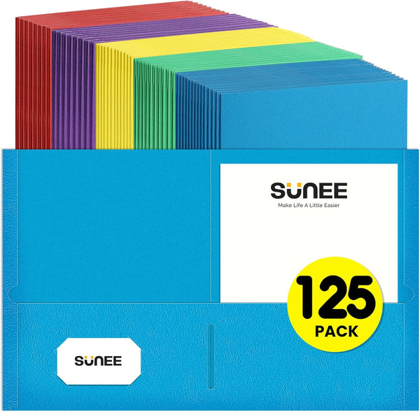 SUNEE Folders with Pockets, 125 Pack, Assorted Colors, 2 Pocket Folders Fit Letter Size Paper