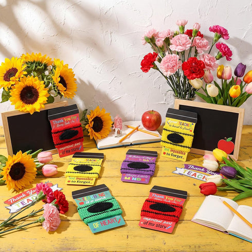 Zhehao 6 Set Crayon Teacher Appreciation Gift Card Crochet Coffee Cup Sleeve Coffee Cup Crayon Thank You for Helping Me