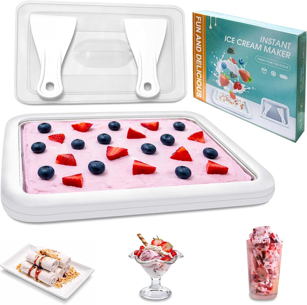 Rolled Ice Cream Maker 10.24'' x 8.24'' w/Lid and 2 Spatulas, SUS