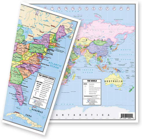 US and World Desk Map (13" x 18" Laminated) for Students and Classroom Use by Lighthouse Geographics