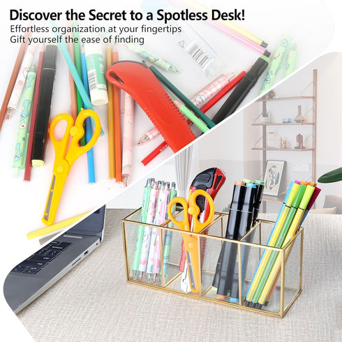 Pencil Holder for Desk, Tempered Glass Pen Holder, 3&4 Compartments Desktop Storage Organizer for Office Supplies
