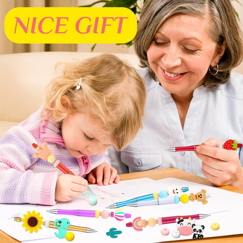 Ctosree 12 Pcs Beadable Pens Kit, DIY Cute Animals Bead Pens Making Kit with Black Ink for School Supplies